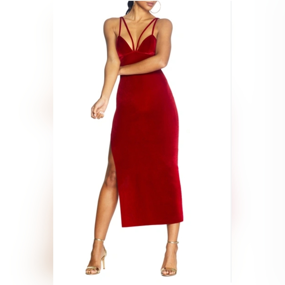 COSMOPOLITAN AMBER SIDE SLIT VELVET DRESS IN LIPSTICK RED size L